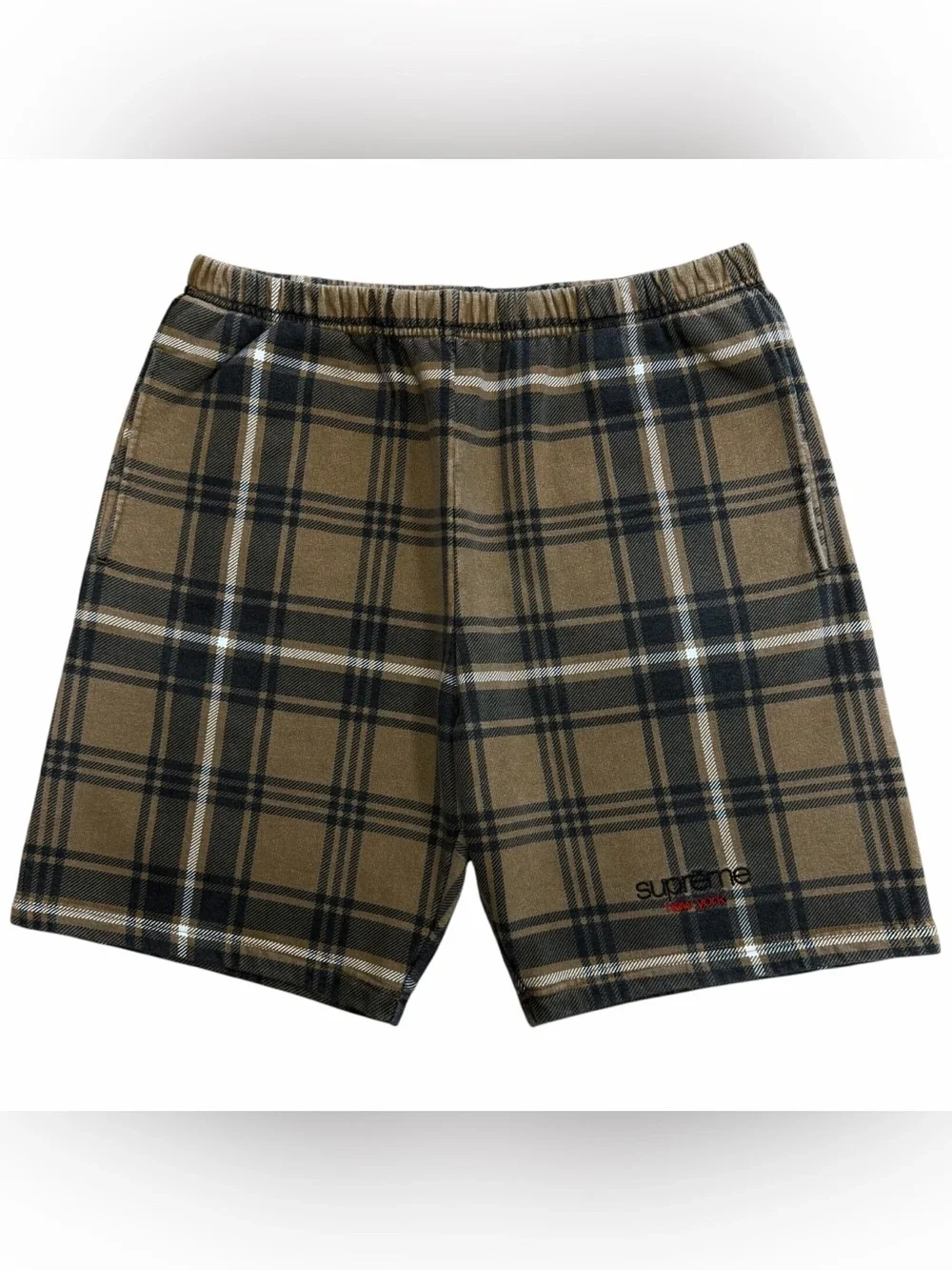 Supreme New York SS21 Mens Classic Logo Brown Plaid Cotton Sweatshorts Sz Medium
